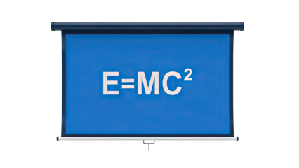 A blue projection screen displays the iconic equation E=MC^2 in white text on a transparent background