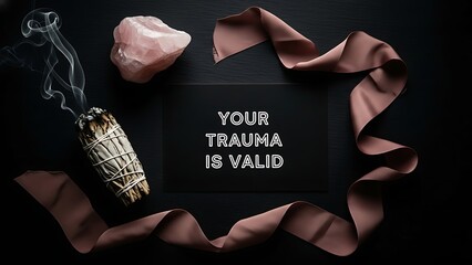 Dark Mood Flat Lay with Neon-Style &ldquo;Your Trauma Is Valid&rdquo; Card, Rose Quartz, Burned Sage, and Silk Ribbon