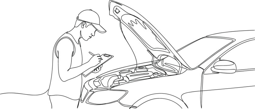 Continuous Line Drawing of Auto Mechanic Inspecting Car Engine and Writing on Clipboard, Representing Vehicle Service, Repair, and Diagnostics