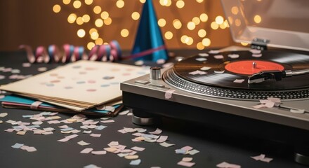 Vintage turntable playing vinyl records, surrounded by colorful confetti and party decorations, creating a festive atmosphere for music lovers and dance enthusiasts celebrating special moments