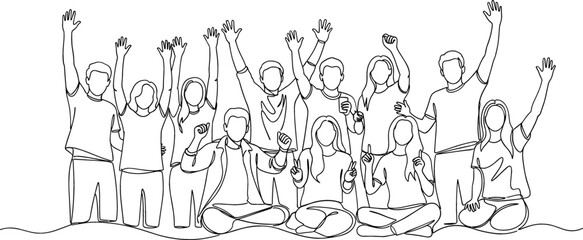Continuous One Line Drawing of Diverse Group of Happy People Cheering with Raised Hands Celebrating Success and Unity Vector Illustration