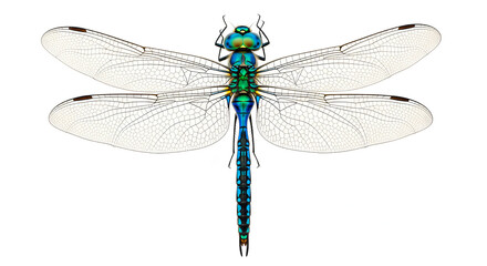 Vibrant Blue and Green Dragonfly
Iridescent Dragonfly on White
