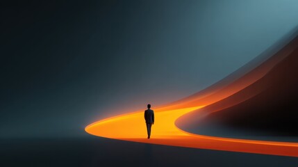 Fototapeta premium A Solitary Figure Walking on a Vibrant Orange Pathway in a Minimalist and Abstract Space under a Deep Blue Sky