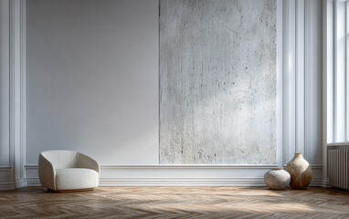 Modern interior space with a chair, vases, and a textured wall in natural light
