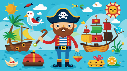 Cute Pirate Adventure Icons Set – Kids Treasure Island Vector, Cartoon Sea Elements Collection