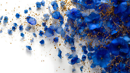 Vibrant Blue Flowers and Golden Accents on White Background, Floral Arrangement with Delicate Petals and Sparkling Details
