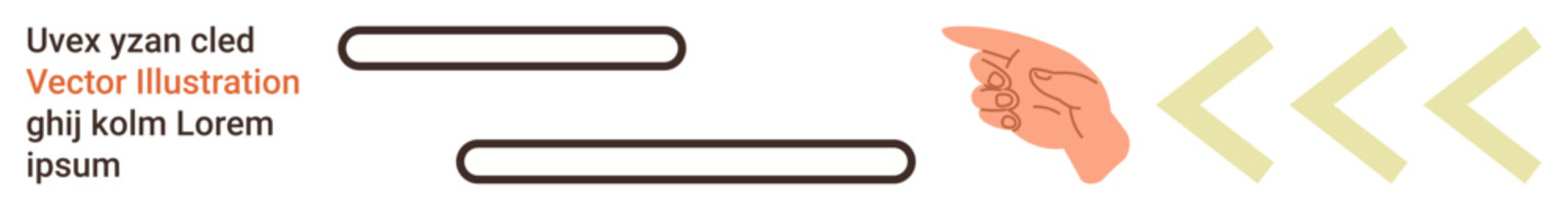 Navigation, interface, guidance, direction, communication, interaction. A pointing hand with text lines and yellow arrows. Navigation and interface design elements concept