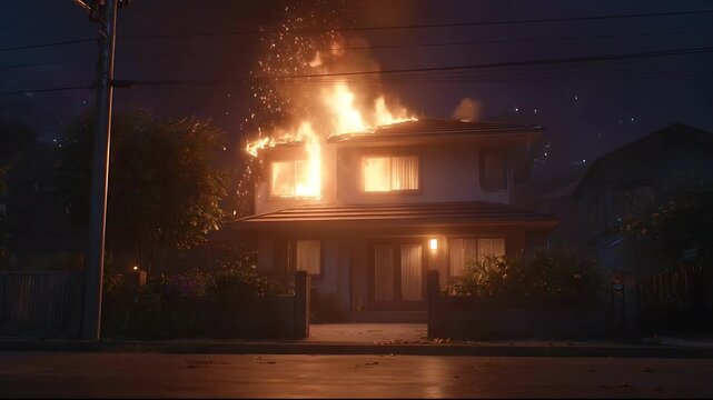 Roof of Two-Story House on Fire at Night. Sparks, Flames, and Residential Tragedy Scene.