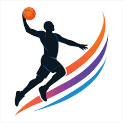 Basketball Player Dunk Silhouette with Color Swoosh Logo
