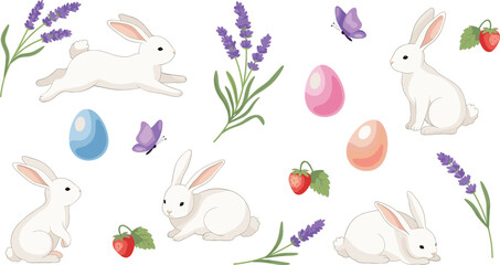  A delightful vector collection featuring white Easter bunnies, colorful pastel eggs, fragrant lavender flowers, and sweet strawberries, perfect for spring holiday greeting cards and decorations. © MstRozinaAkter