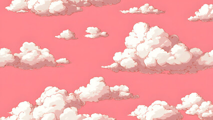 Whimsical illustration of fluffy white clouds scattered across a soft pink sky, perfect for design and creative projects.