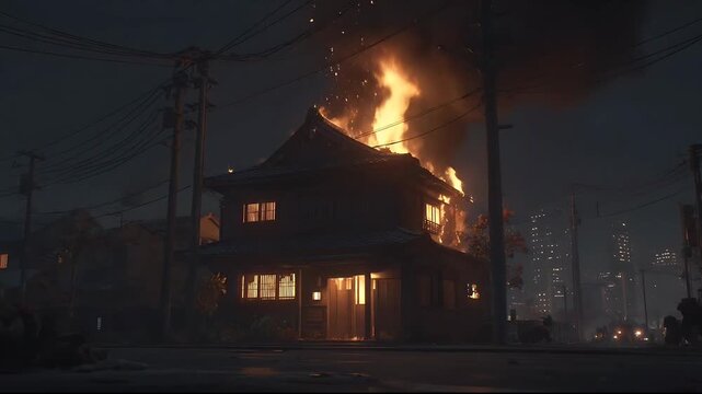 Traditional Japanese House on Fire in City at Night. Sparking, Burning, and Disaster Scene.
