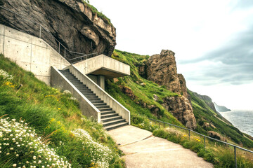 Modern concrete staircase on stone cliff