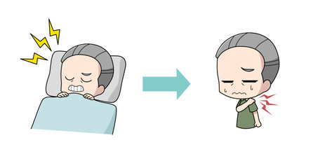 歯ぎしりが原因で肩がこる高齢男性のイラスト