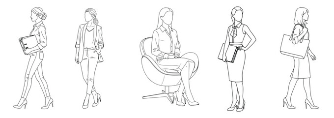 A collection of five black and white line drawings depicting women in various professional poses and outfits, showcasing business fashion.