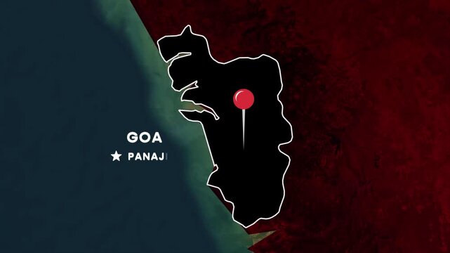 Goa map highlight animation. India state outline with glowing border, location pin on Panaji, regional label, and textured coastline background for geographic visualization