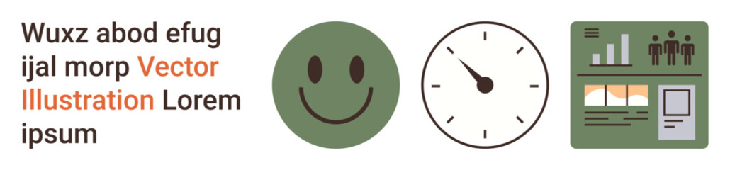 Productivity, time management, data visualization, workplace organization, positive outcomes, efficiency. Circular happy face, clock and infographic chart display. Productivity and time management