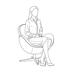 A line drawing of a woman in a collared shirt and skirt, seated elegantly in a contemporary armchair with crossed legs.