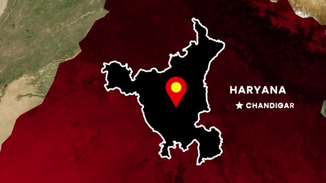 Haryana map highlight animation. India state outline with glowing border, location pin on Chandigarh, regional label, and textured terrain background for geographic identification