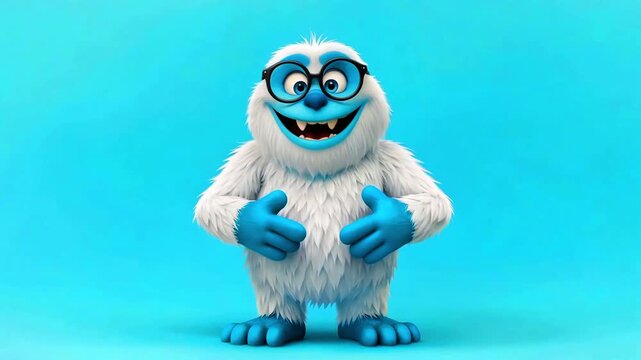 Cute yeti character mascot with glasses smiling standing confidently against a bright blue background perfect for winter themes holiday promotions or technology branding concepts