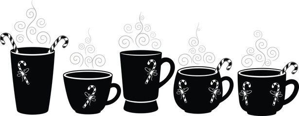 Christmas candy cane mug vector set, festive hot drink silhouette, winter beverage illustration, holiday steam design, seasonal cocoa coffee graphic pack