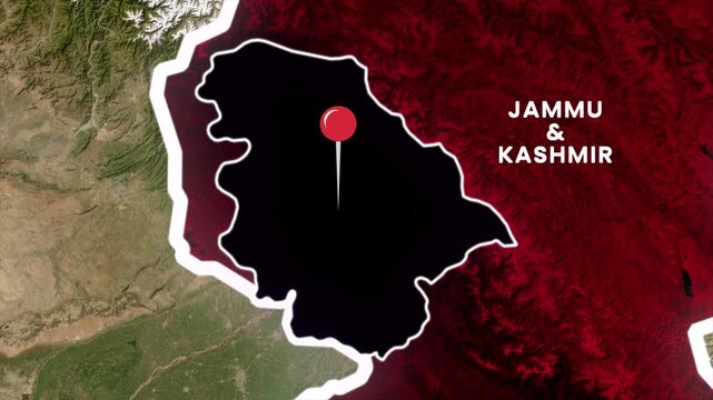 Jammu and Kashmir map highlight animation on India map, Jammu and Kashmir outlined with location pin and label, geographic map presentation for news, education, and regional information content