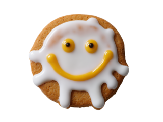 Cheerful cookie with white icing and yellow smiley face biscuit frosting, Isolated, Png Transparent Background
