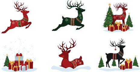 Christmas reindeer vector set, festive gift box illustration, decorated tree design, holiday snow scene, seasonal silhouette pack, winter celebration graphic