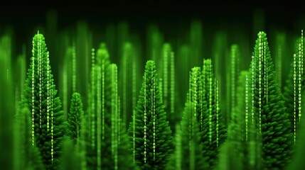Abstract representation of green pine trees with binary code in a digital landscape, blending nature with technology and data visualization concepts