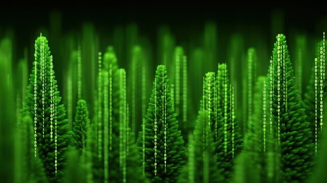 Abstract representation of green pine trees with binary code in a digital landscape, blending nature with technology and data visualization concepts - Powered by Adobe