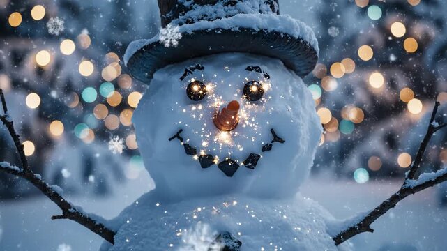 Cheerful snowman with a top hat and turn of christmas lights in winter snow scene