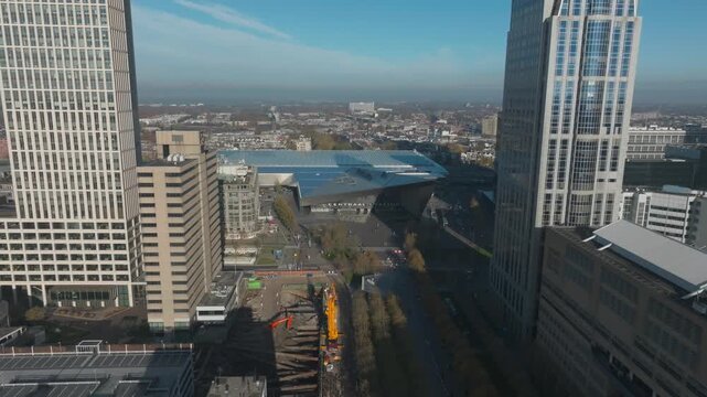 Aerial Drone View of Rotterdam Central Station with Millennium Tower Netherlands