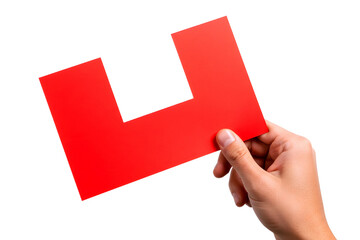 Hand holding red paper cutout in the shape of letter u isolated on transparent background