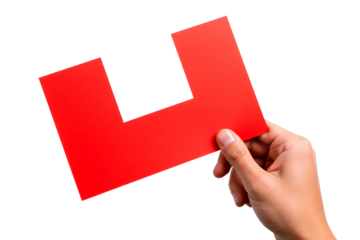 Hand holding red paper cutout in the shape of letter u isolated on transparent background