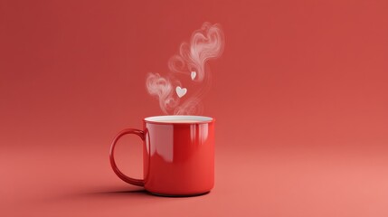 A red coffee mug emits steam shaped like two hearts against a solid red backdrop, symbolizing warmth and affection.