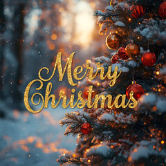 Merry Christmas message on a snow-dusted tree with glowing festive lights