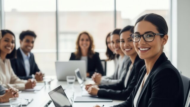 Diverse business team in a modern office setting collaborating and smiling - Powered by Adobe
