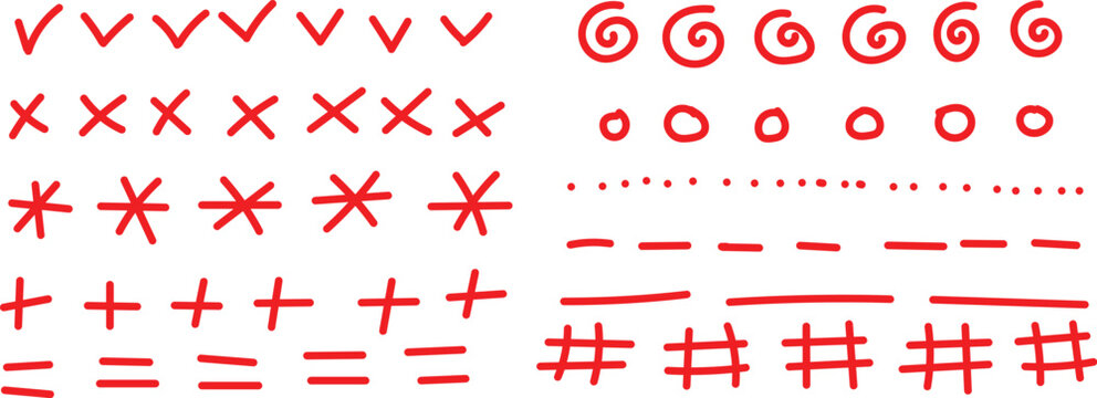 Collection of hand drawn red correction marks symbols and doodle elements for editing documents