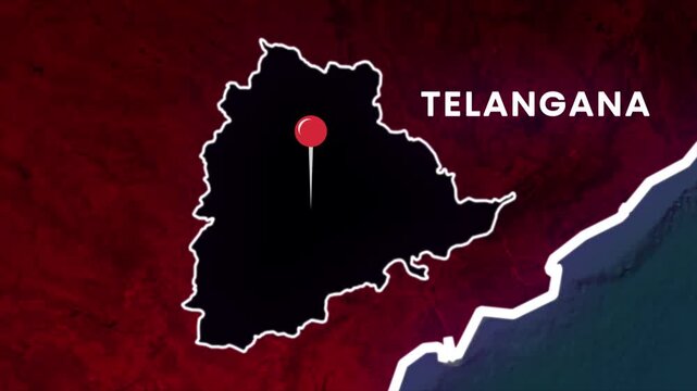 Telangana map highlight animation. India state outline with glowing border, location pin marker, regional label, and textured background showing geographic focus and area identification