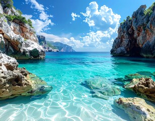 Scenic cove with crystal clear water and rocky cliffs on a sunny day