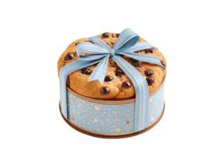 Chocolate chip cookie gift box with blue striped ribbon image, Isolated, Png Transparent Background