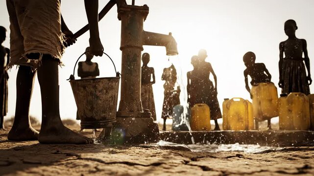 Children collecting water from hand pump in rural area with plastic containers and dirt ground