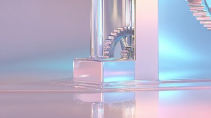 minimal light studio scene, soft pastel glow background, chrome mechanical detail isolated, clean reflections, airy composition