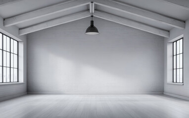 Fototapeta premium Spacious empty room with large windows and wooden beams providing natural light