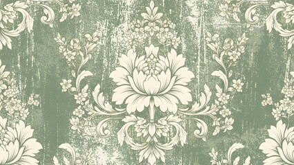 Vintage Floral Pattern on Distressed Green Background, Elegant Damask Design with Beige Flowers and Leaves