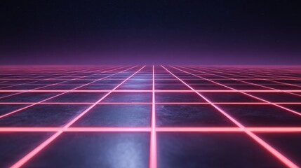 Futuristic digital landscape with glowing grid and vibrant neon lights against a dark background, ideal for science fiction and tech design projects