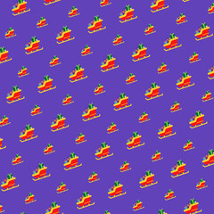 Sleigh and gift box seamless pattern on background.