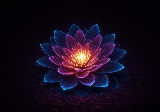 Brilliant neon petals unfold from a glowing core, illuminating the dark, imagined landscape. An exquisite botanical oddity from a dream world, nature, wondrous, fantasy