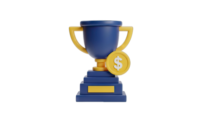 3D Rendering of a Blue and Gold Trophy with a Dollar Coin Emblem on a Transparent Background Ideal for Financial Success and Achievement Concepts
