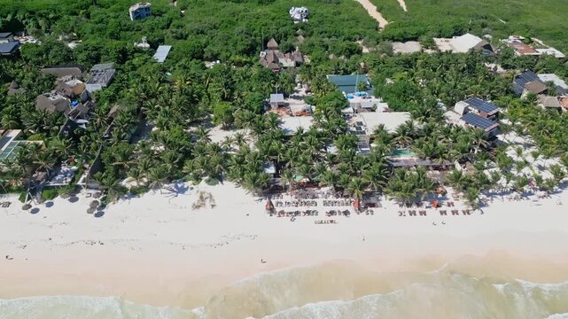 Aerial view of Tulum beachside oasis with lush palm trees and resorts